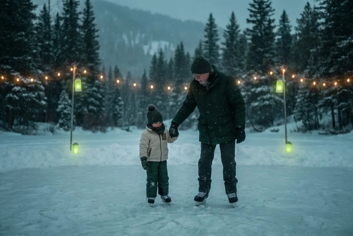 A grandparent and grandchild skating hand in hand under string lights in falling snow