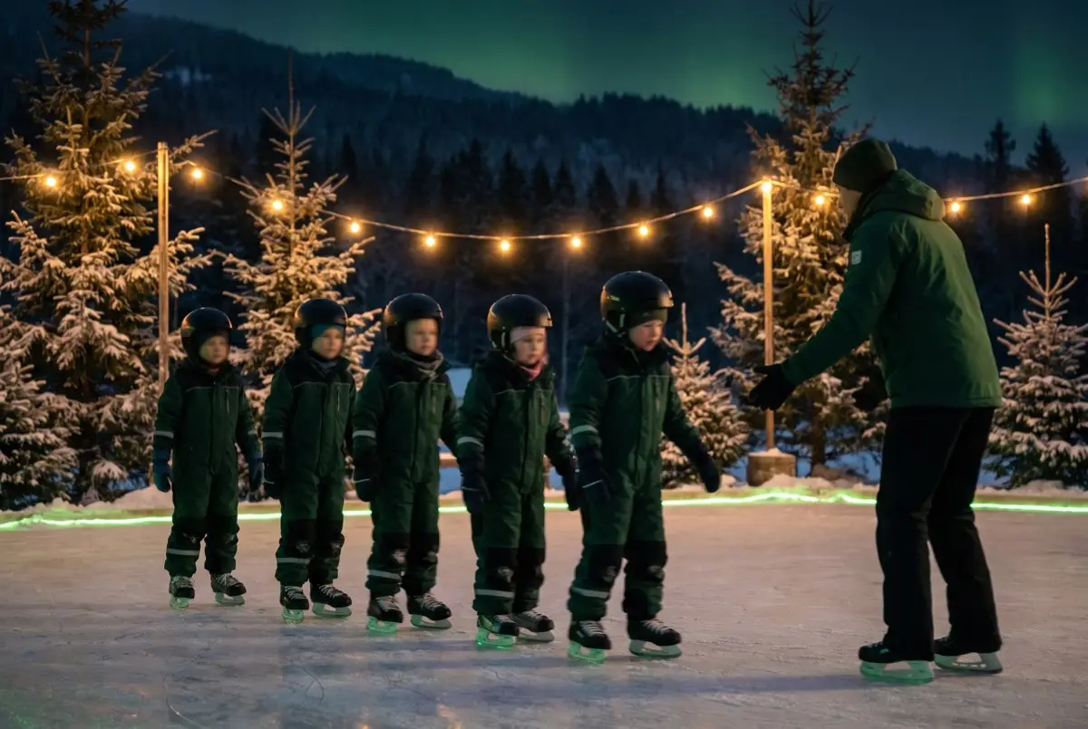 A row of young skaters in helmets following an instructor across the night ice