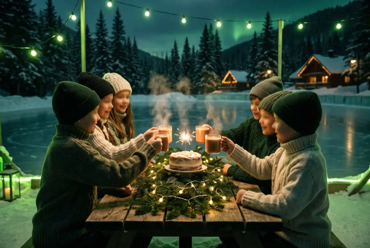 Kids raising steaming cocoa mugs over a birthday cake at a rinkside table