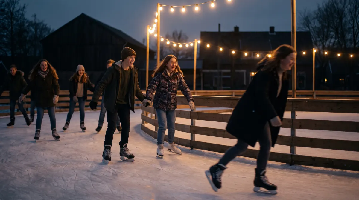 Two teenagers laughing as they round the rink corner at speed