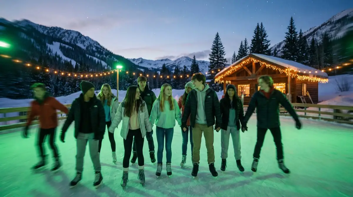 A group of teens skating together under green glow lights